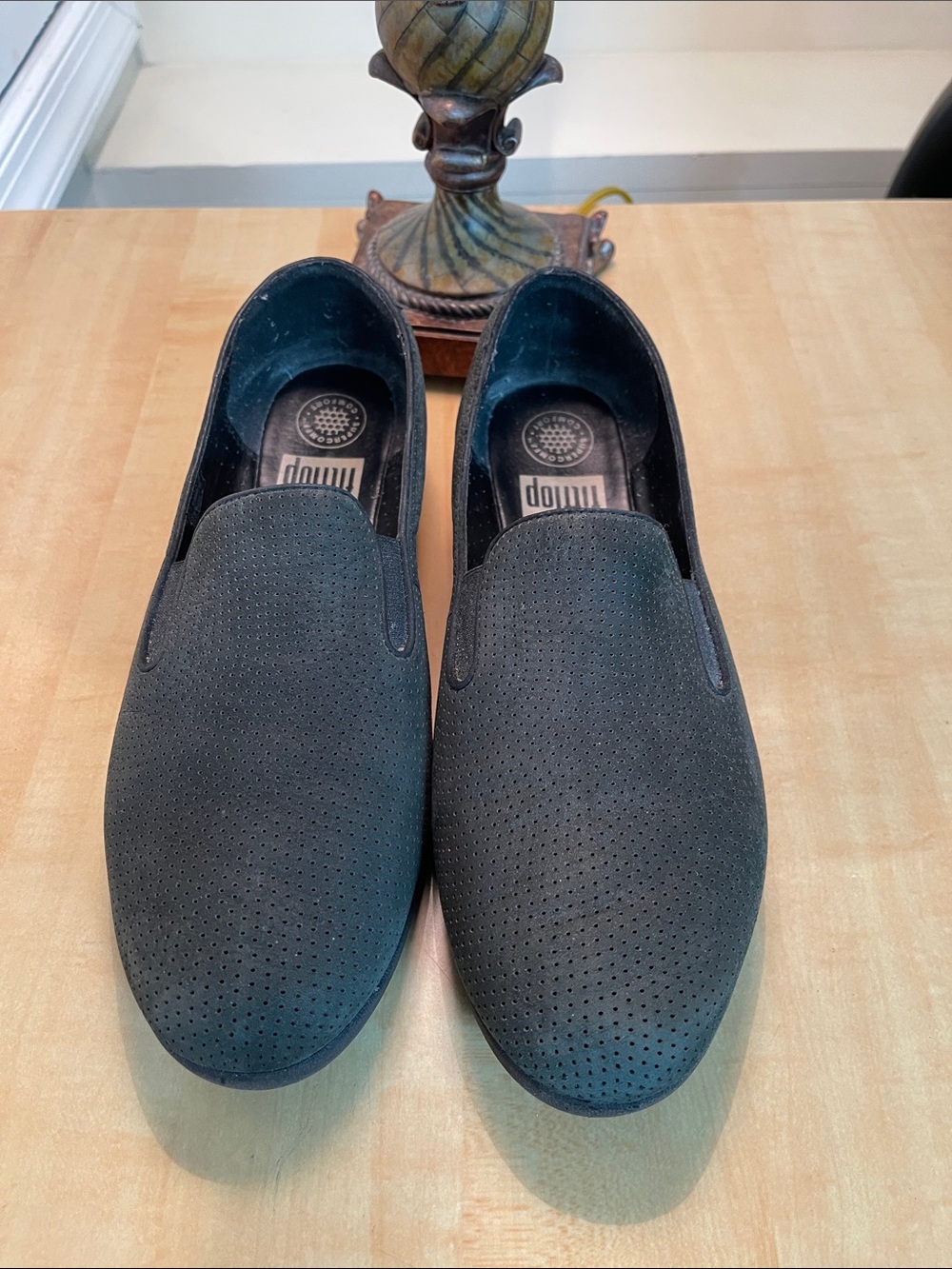 Fitflop, Perforated Slip-On Loafers, Soft Imitation Suede, Color: Black, Size:9W